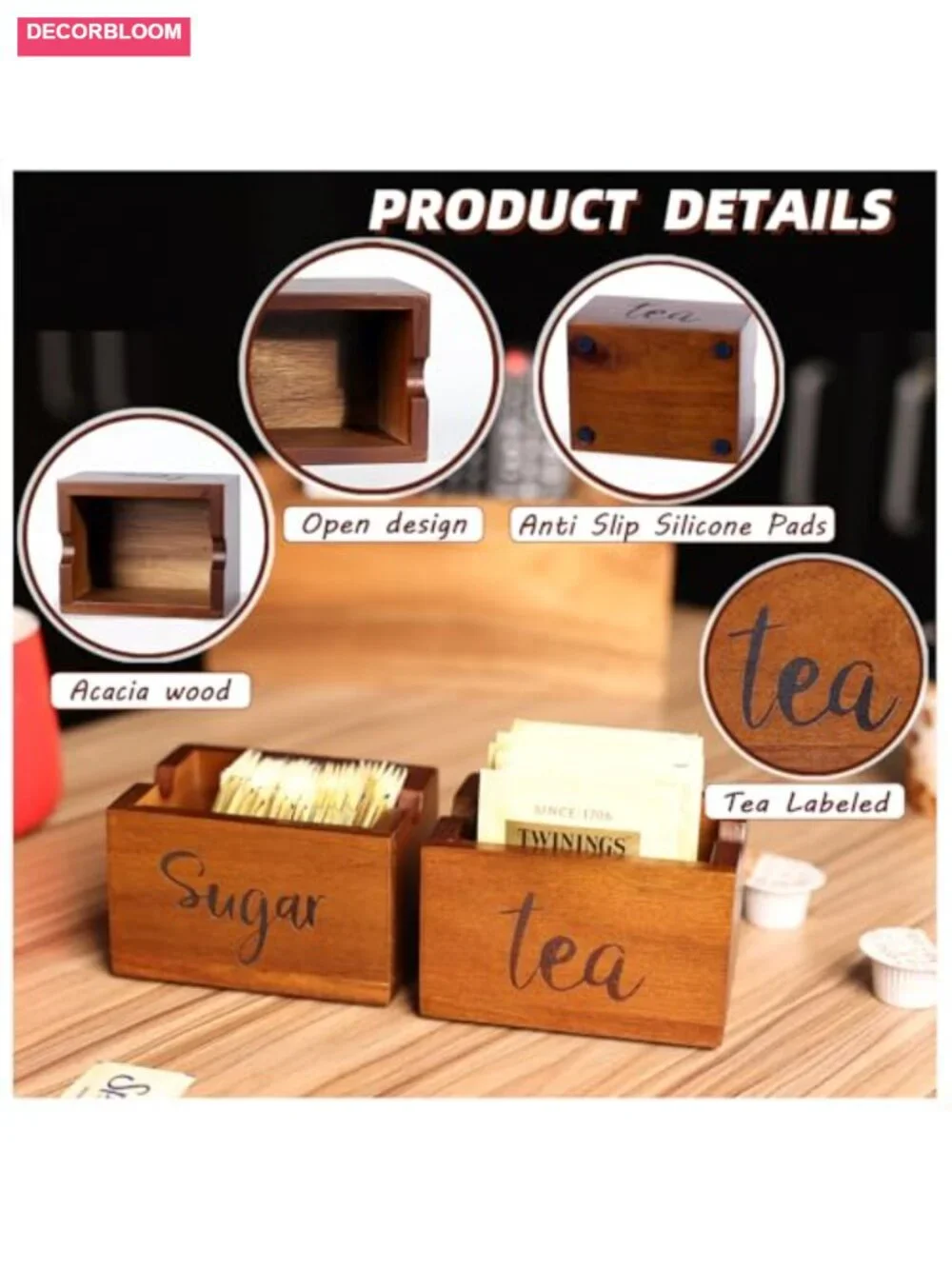 Acacia Wood Sugar Packet Caddy for Coffee Bar Farmhouse
